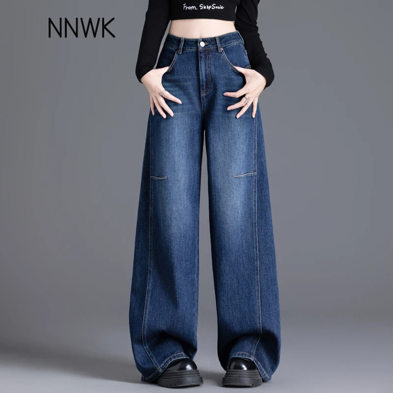 蓝色高腰女士百搭牛仔裤爆款2025春秋新款宽松休闲长裤直筒阔腿裤