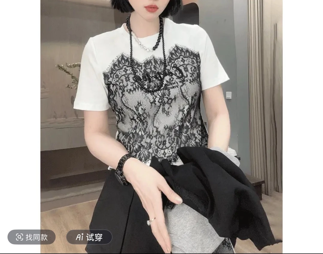 夏季设计感蕾丝拼接短袖t恤女2025新款爆款独特漂亮超好看T恤