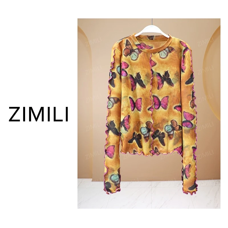 【亮哥女装】2025冬季加厚琉璃黄扎染蝴蝶印花网纱打底上衣26030-A7
