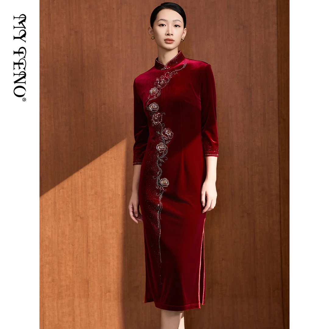 MY TENO/马天奴VDAC27气质高贵复古红色婚宴长款结婚中国风连衣裙