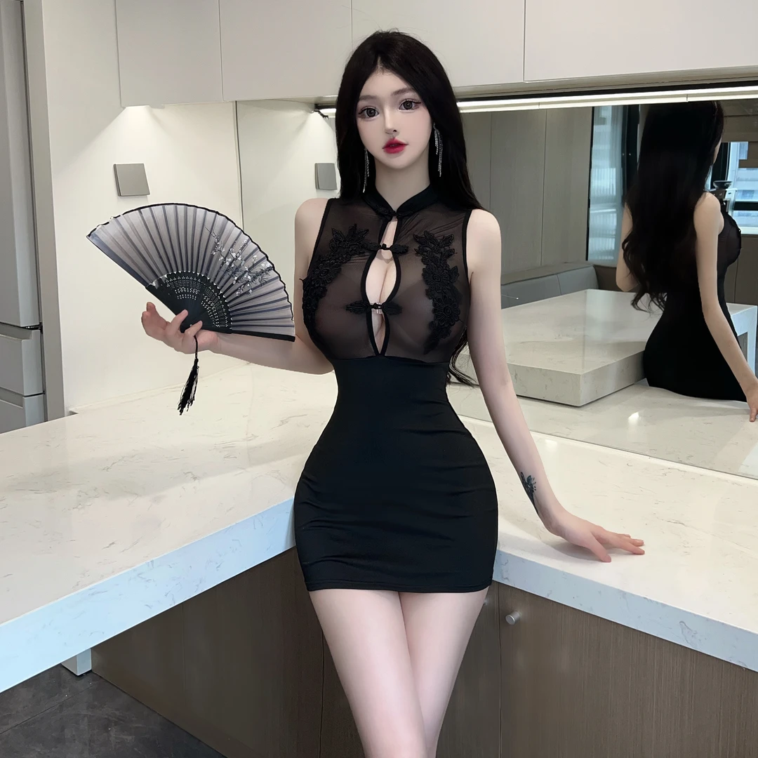 性感纯欲风复古旗袍式透视拼接无袖短款黑色包臀连衣裙女