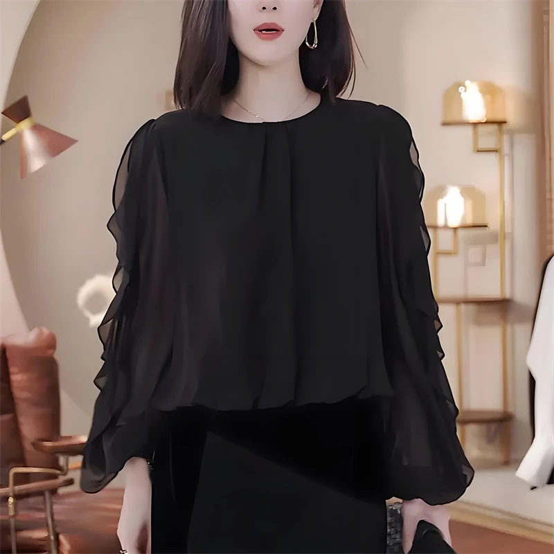 法式复古木耳边拼接长袖衬衫女秋季新款洋气减龄显瘦设计感上衣潮