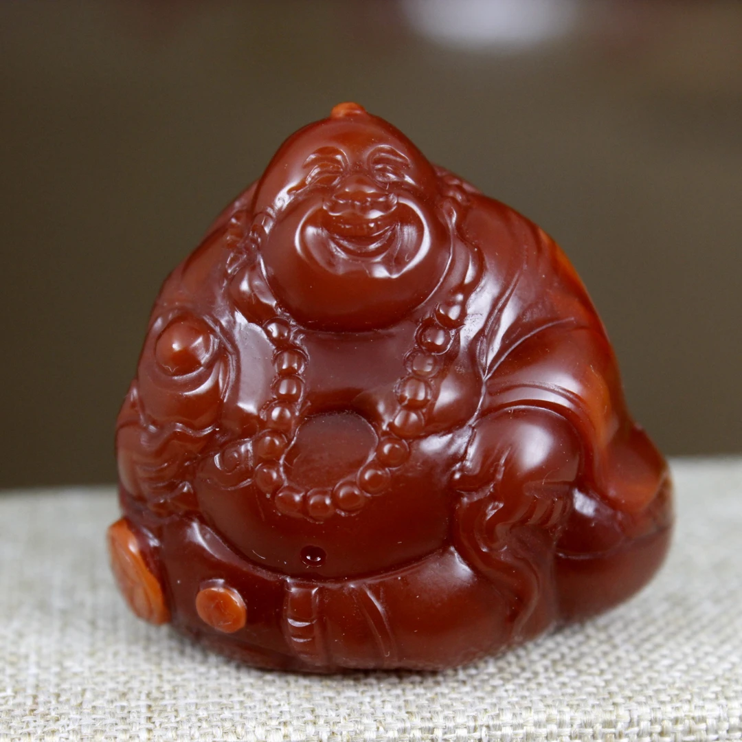 一物一图南红玛瑙牛血火焰立体雕刻摆件弥勒佛笑佛开心佛原矿无胶
