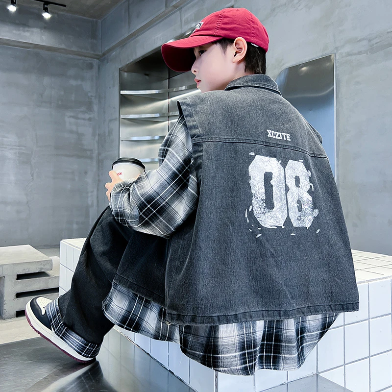 男童格子拼接假两件衬衫套装春秋款2025儿童痞帅休闲两件套中大童