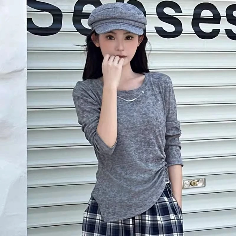 拉夏贝尔设计感抽绳扎染长袖舒适T恤女2025早秋不规则开叉上衣潮