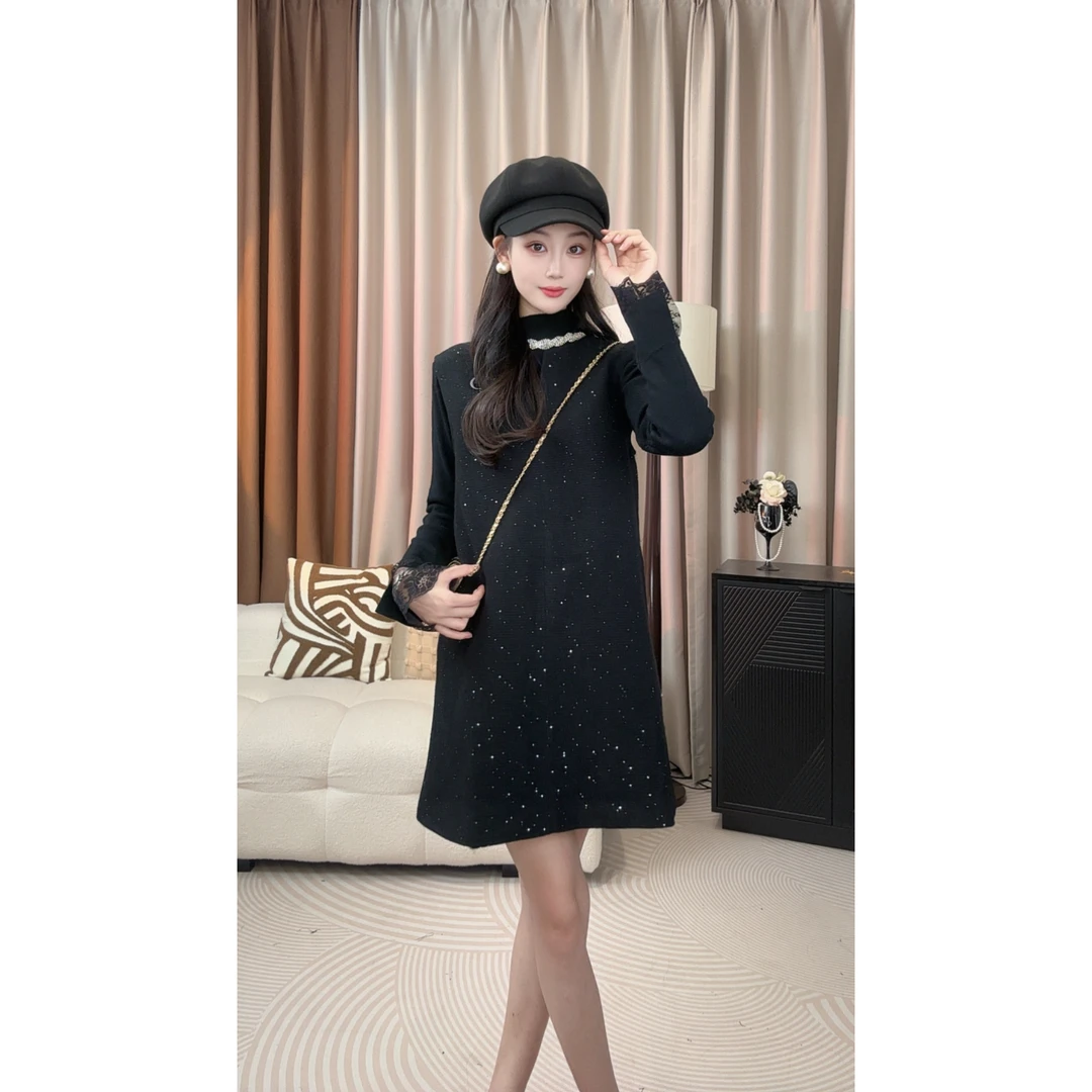 X'XIAO 重工设计感钉珠打底小香风高级感连衣裙