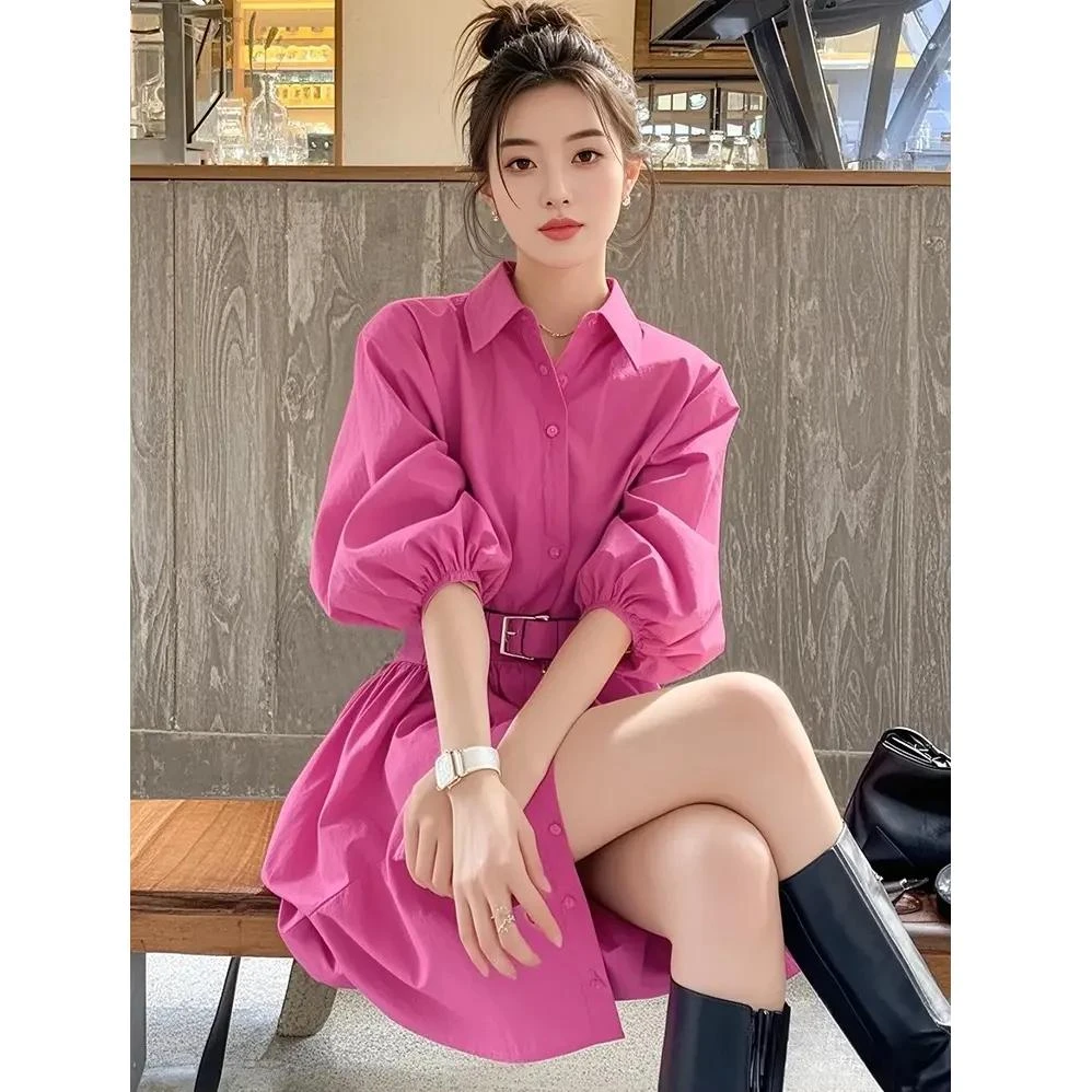 御姐穿搭轻奢高级感小众玫红色翻领连衣裙女2025年春季气质衬衫裙