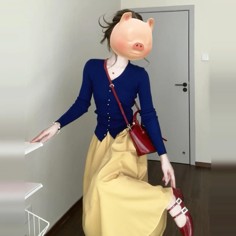 入秋韩系chic穿搭一整套早秋女装针织开衫黄色半身裙两件套6089
