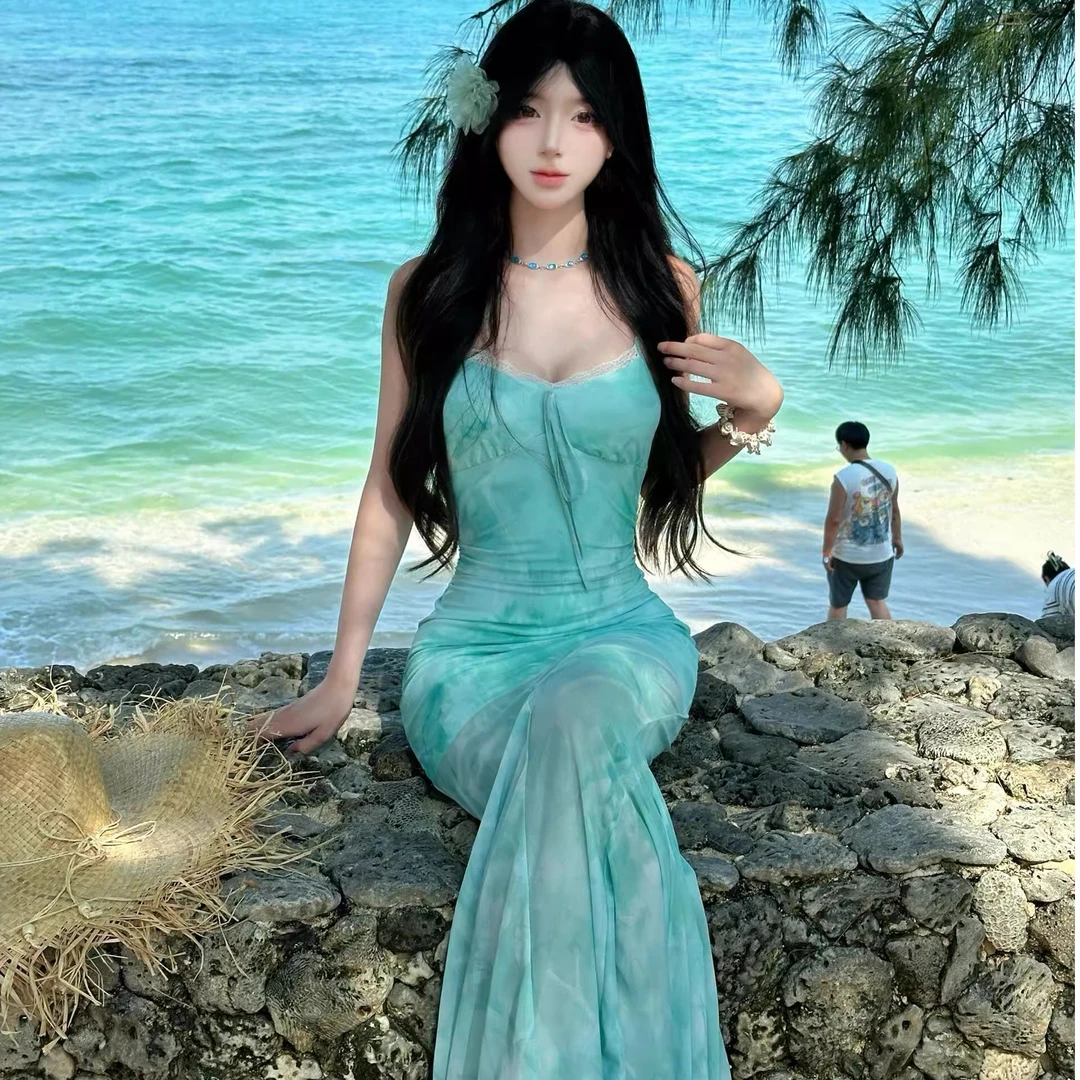 法式浅绿色印花网纱吊带连衣裙女夏海边度假纯欲性感鱼尾包臀长裙