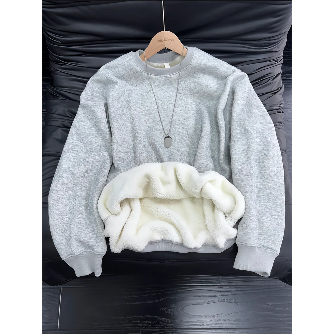 高克重磅羊羔绒圆领卫衣男女款冬季加厚抗寒内搭打底衫无帽外套