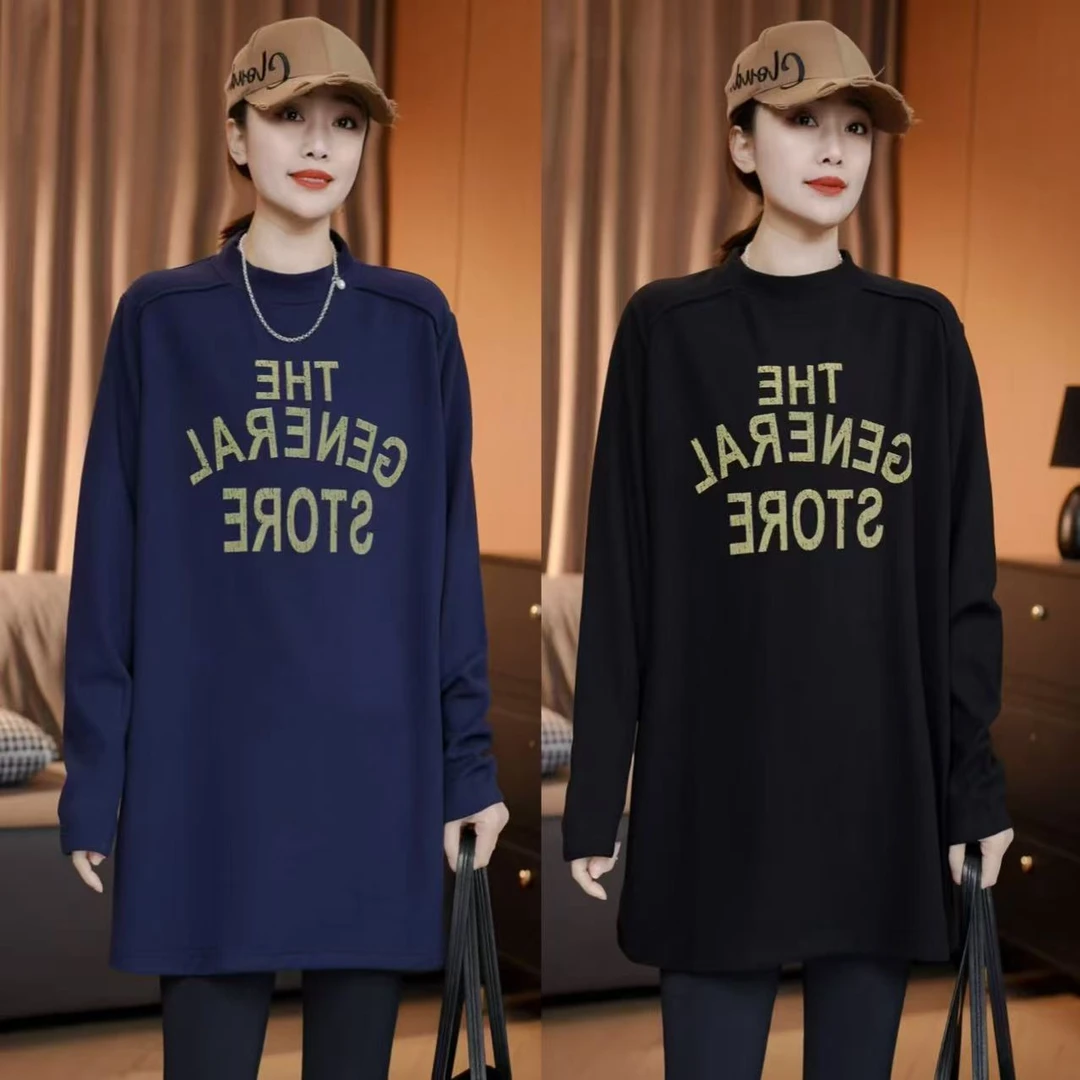 秋冬新款 印花字母圆领露指双面绒打底衫气质显瘦遮肉百搭上衣