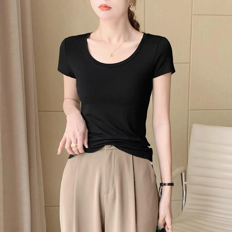 潮牌莫代尔短袖t恤女2025夏季新款圆领正肩冰丝薄款修身半袖上衣