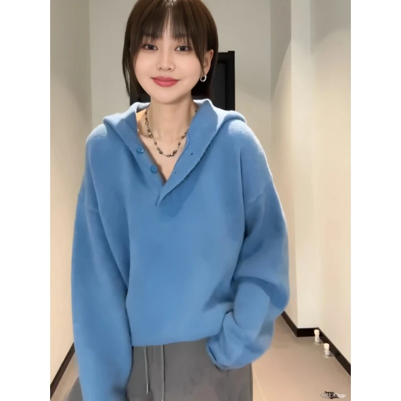 法式蓝色连帽针织毛衣女2025秋冬新款宽松慵懒风显瘦内搭打底上衣