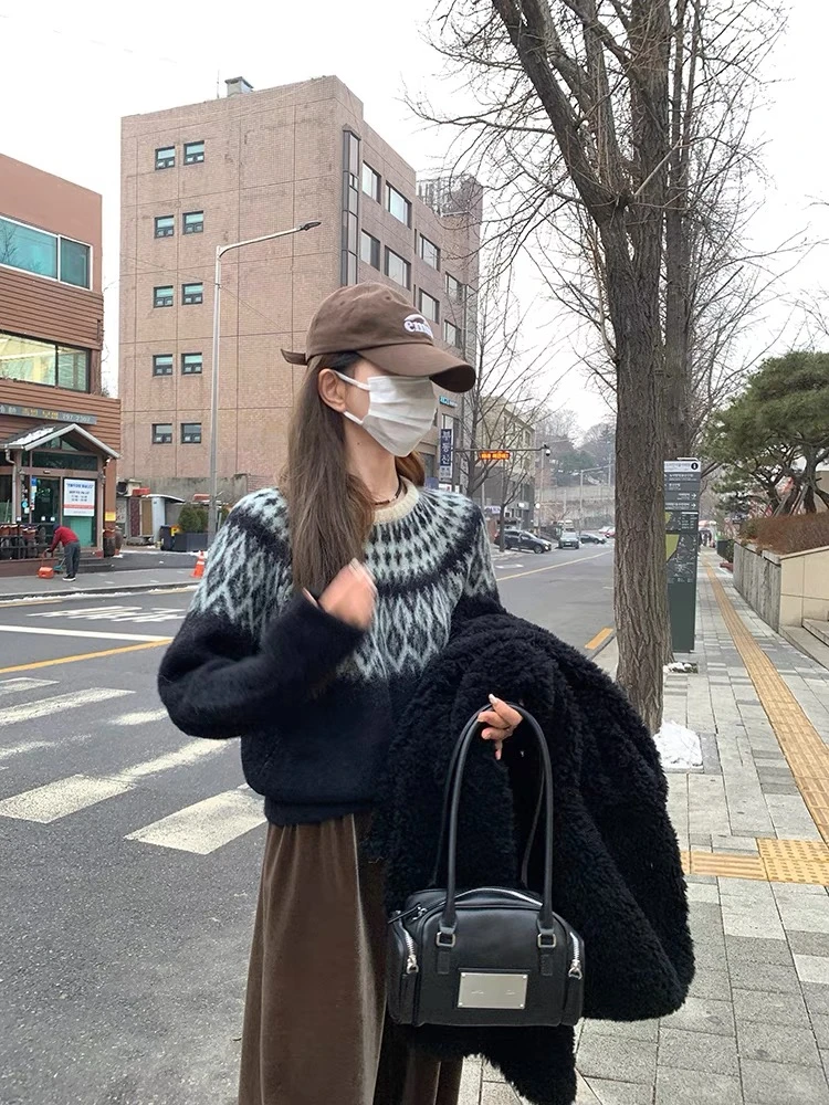 「灰蓝色复古费尔岛」复古费尔岛毛衣圣诞提花宽松针织开衫外套女