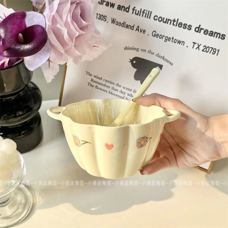 107【2件套】5.5英寸紫藤花双耳碗+勺 奶油紫藤花高颜值釉下彩餐具