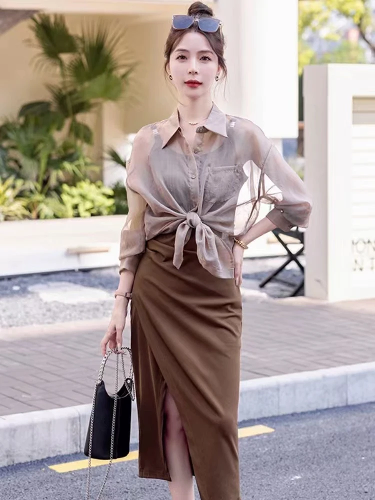 【SY264】开叉吊带连衣裙女2025夏季新款高级感气质减龄防晒套装