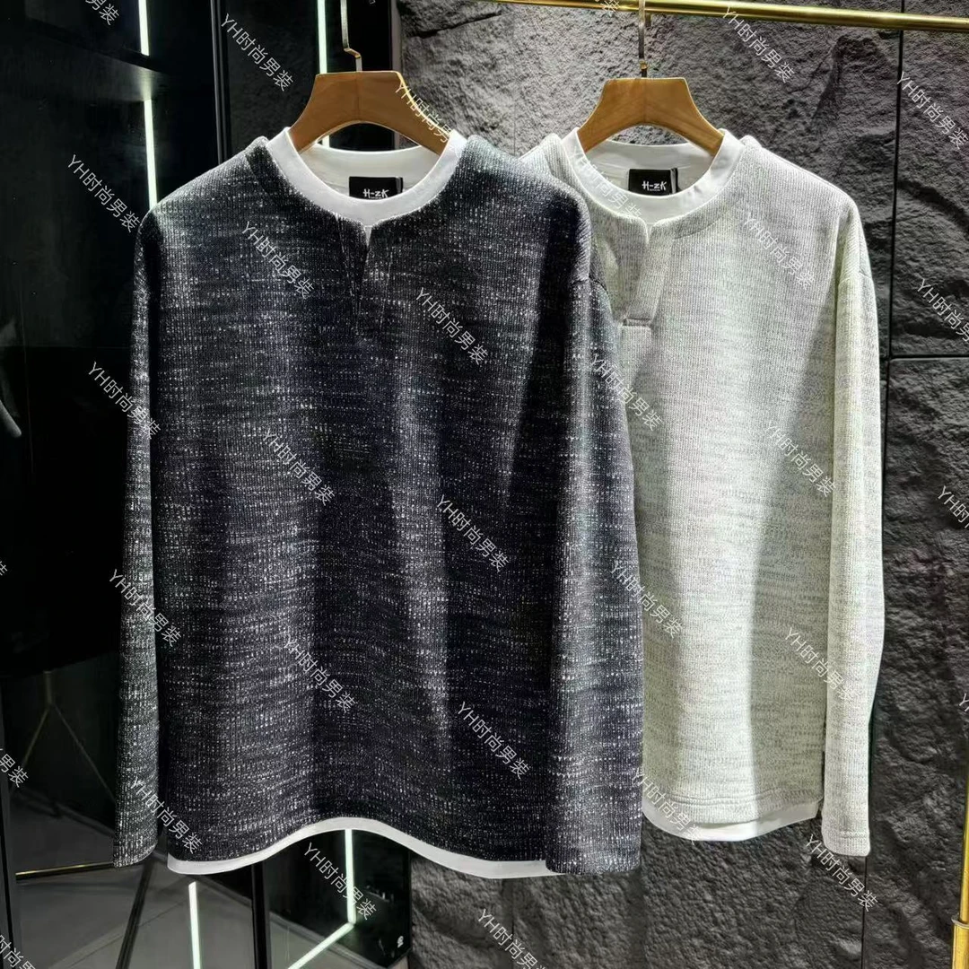 2025早春新款高智淡人时尚潮流个性假两件T恤休闲宽松情侣打底衫