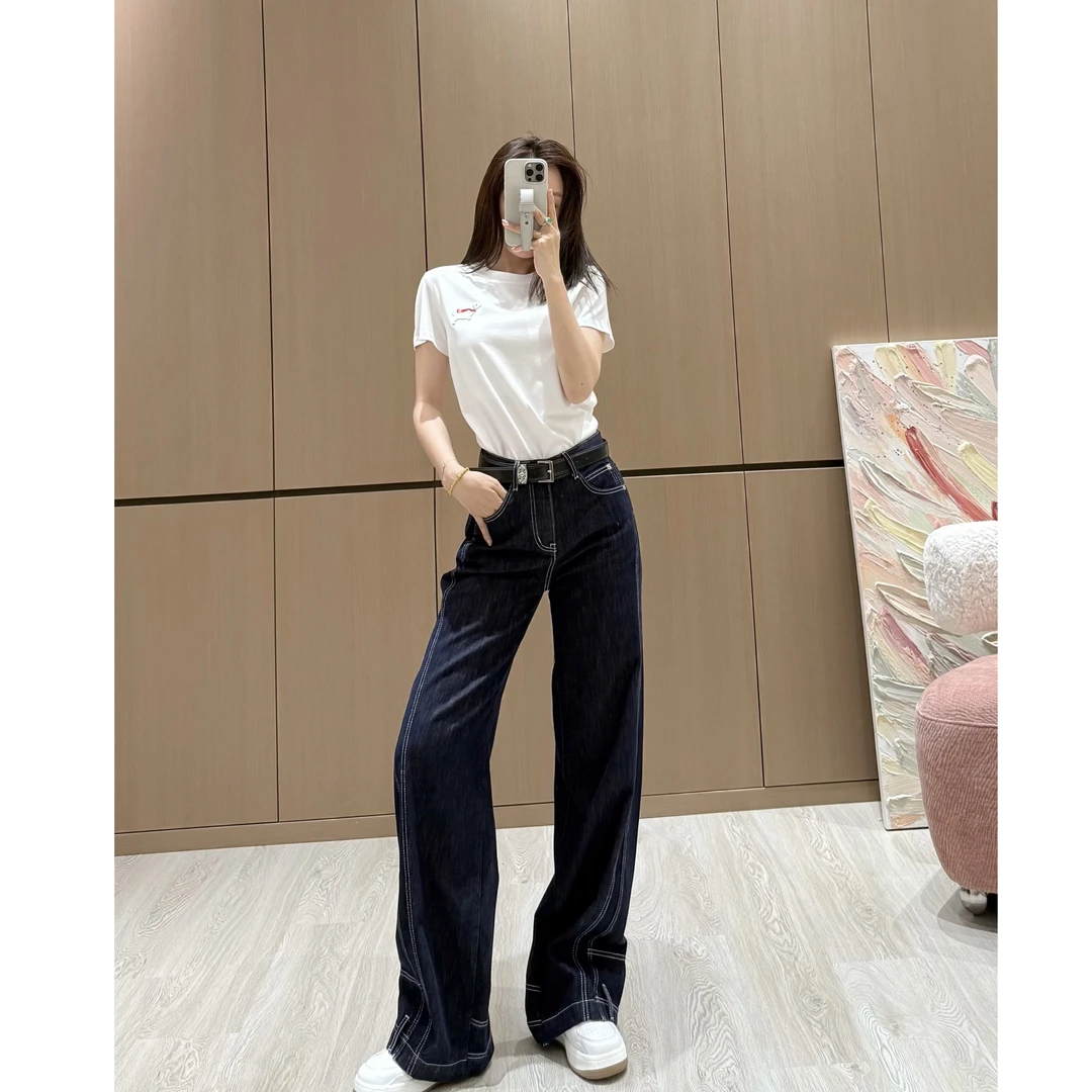 新款时尚拼接阔腿牛仔裤新款十字架百搭垂感潮流显瘦弯刀裤9568