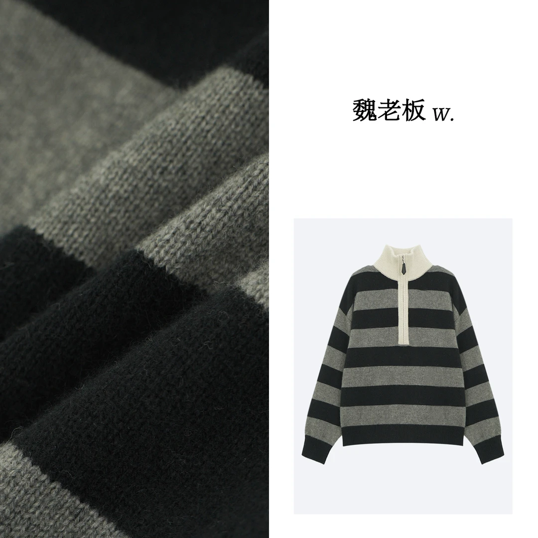 W.Diva【姑苏】早春特定面料慵懒风时尚半开胸羊毛针织衣34Z291122
