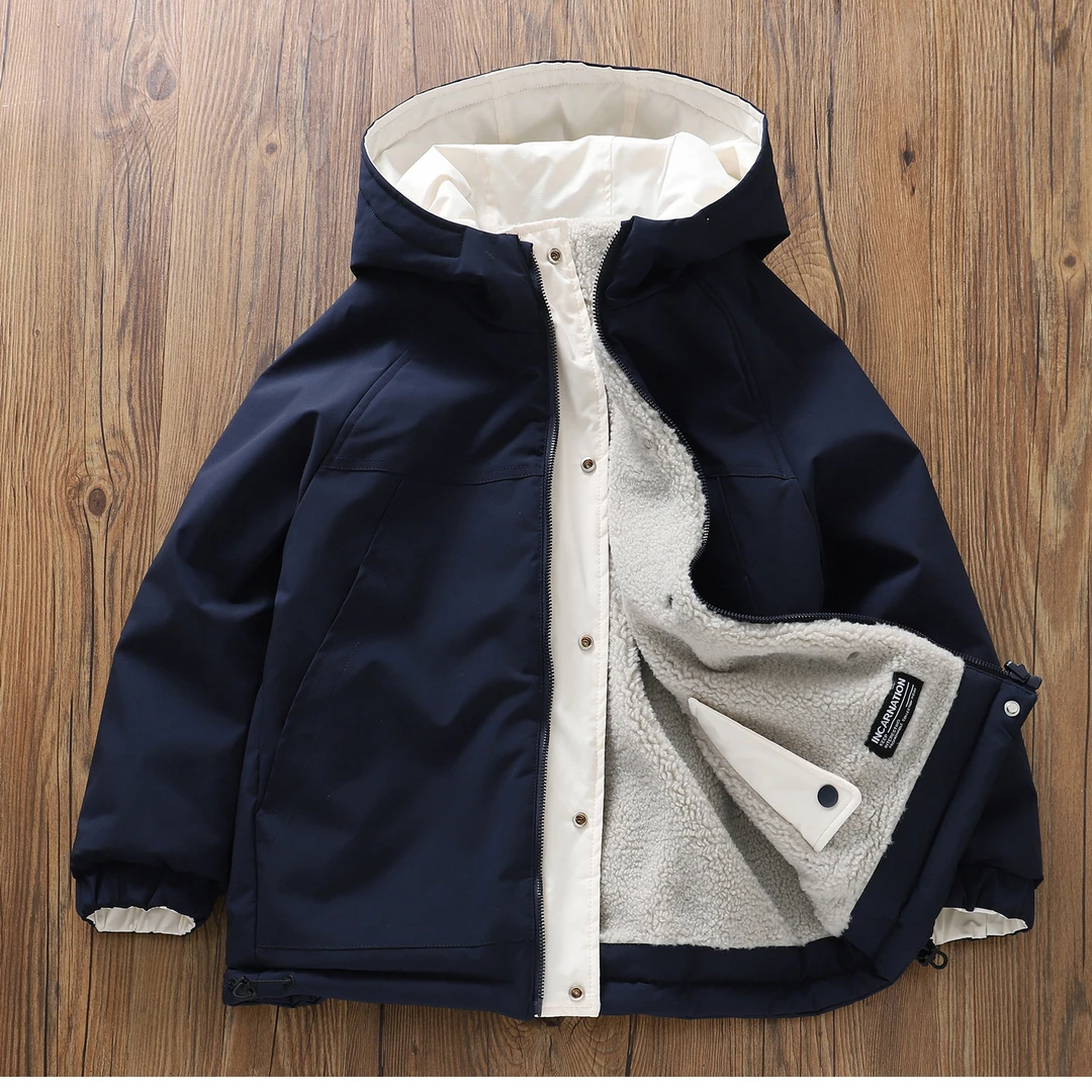 两面穿棉服】高品质男童秋冬新款儿童中大童保暖夹克加绒连帽外套A