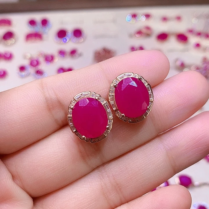 红宝石耳饰银S925镶嵌