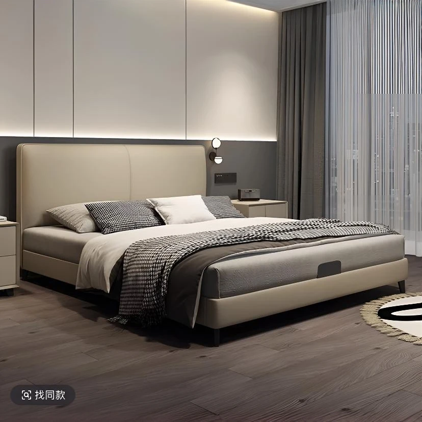 现代轻奢小黑牛真皮床简约主卧高端大气双人床网红头层牛皮大婚床