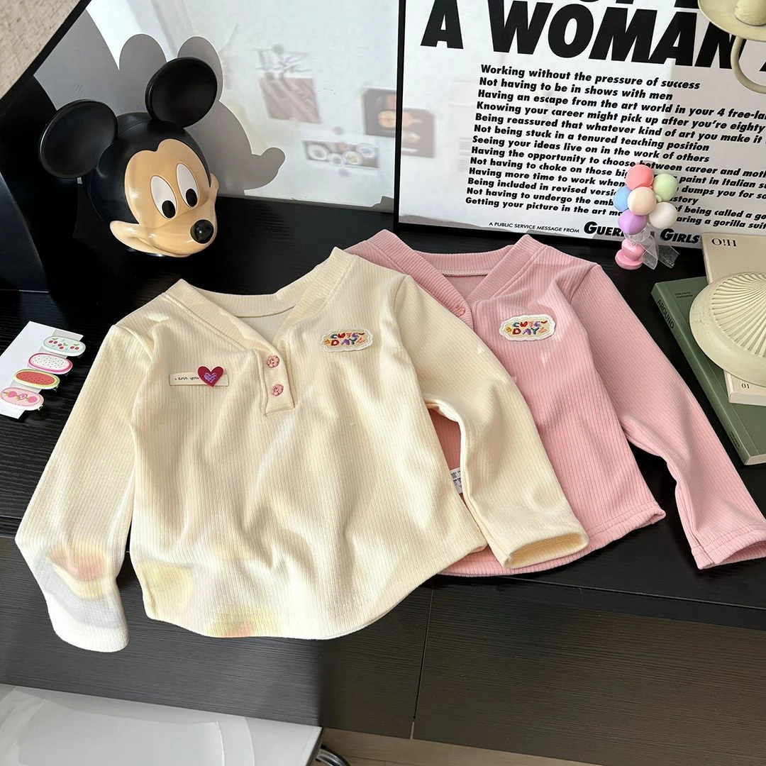 女童长袖T恤春秋季新款甜美女宝宝针织上衣洋气小女孩百搭打底衫