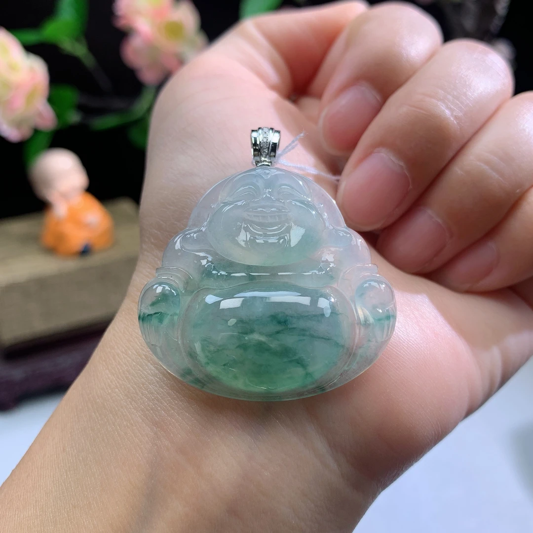 老坑老料缅甸天然翡翠A货18K金扣头冰种起胶大件厚装飘花佛公吊坠
