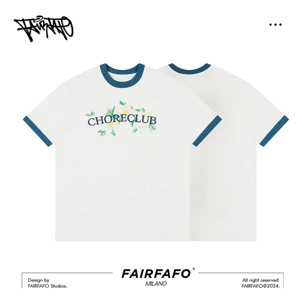 FAIRFAFO林肉肉【花卉】简约圆领印花刺绣短袖女休闲T恤TXAL45182