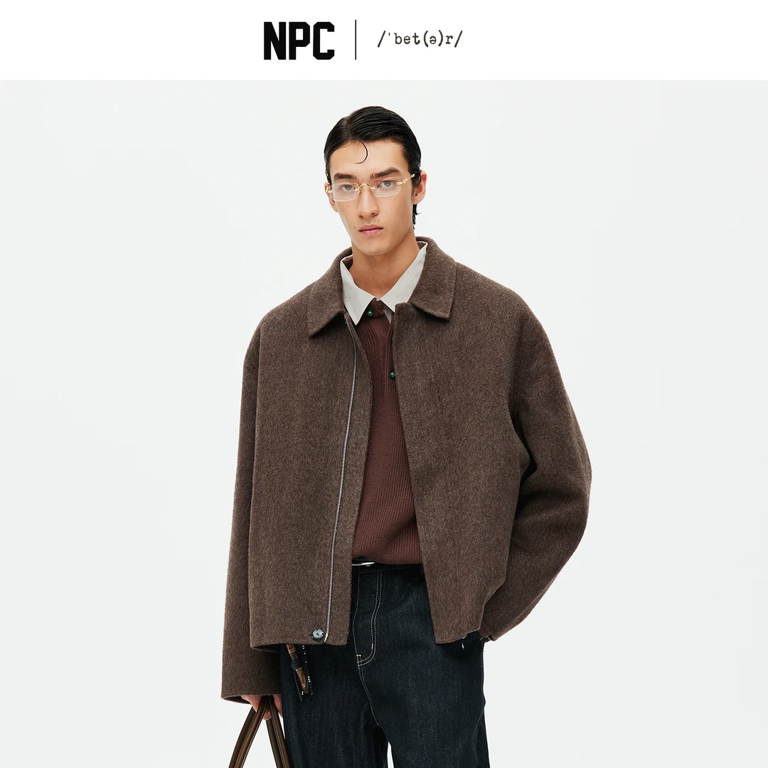 NPC潮牌重磅850G66支100%绵羊毛拉毛翻领短款毛呢大衣NP58WC26