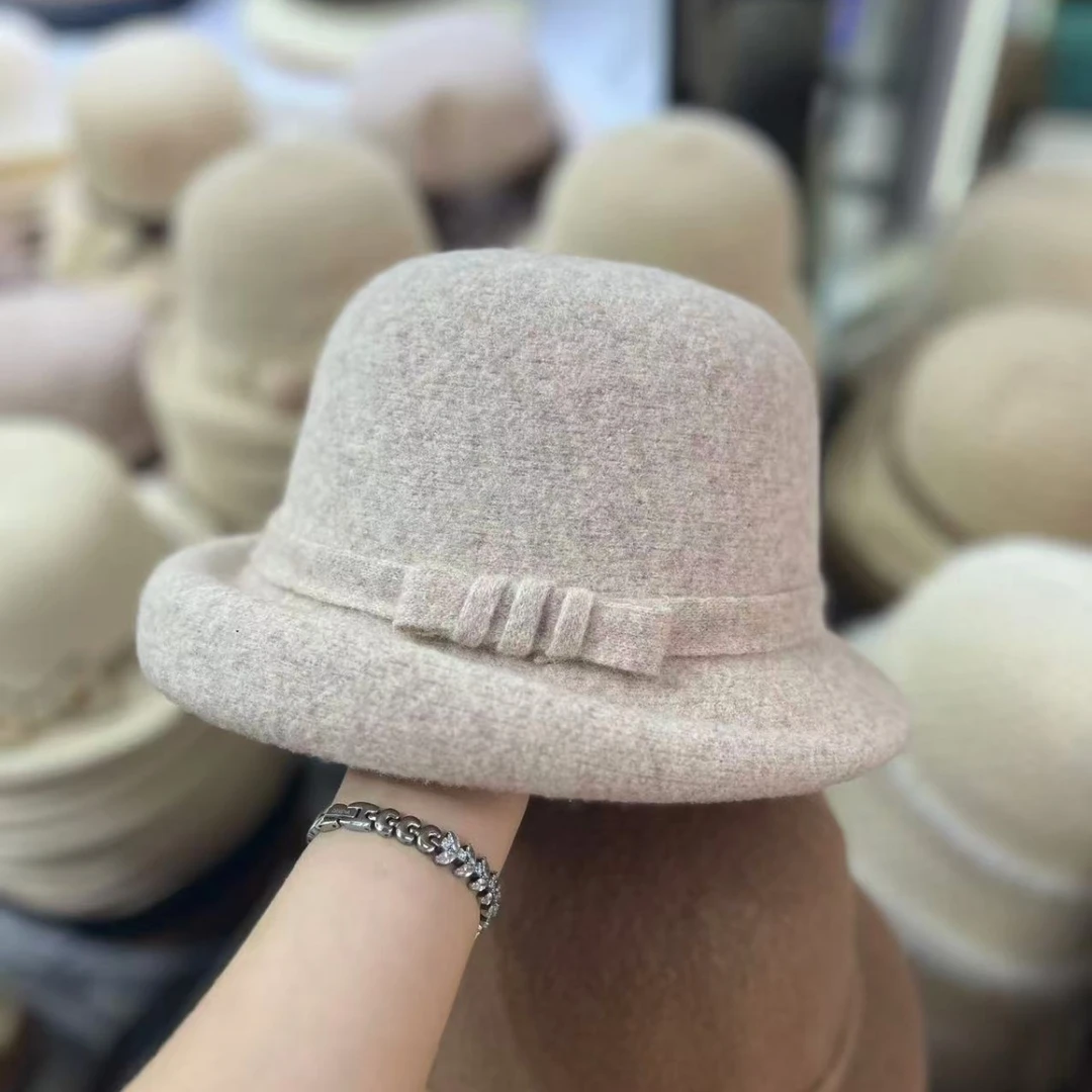 新款韩版秋冬季蝴蝶结渔夫帽女羊毛呢盆帽英伦气质复古毛毡礼帽子