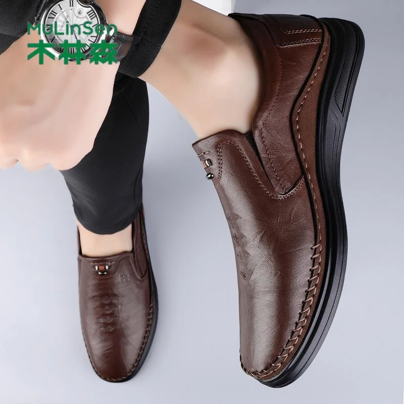 木林森男鞋中老年软皮休闲鞋透气轻便正装商务正品懒人一脚蹬高档