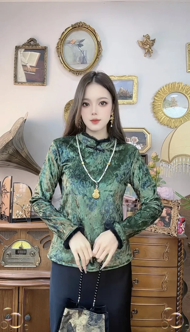 中式盘扣新款打底秋冬毛毛拼接秋冬休闲百搭长袖上衣女