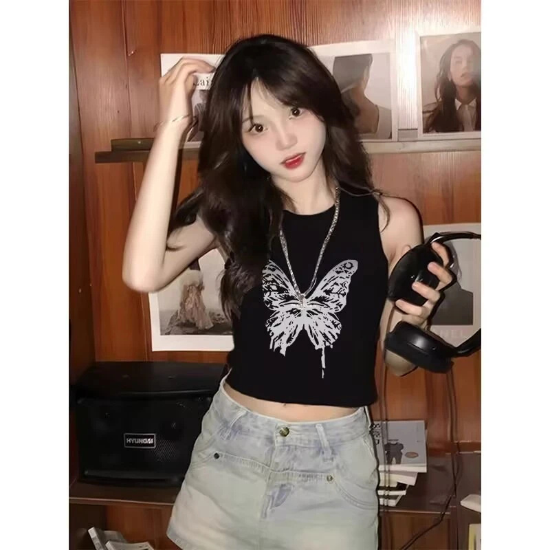 甜酷辣妹吊带背心女夏季薄款外穿小个子修身短款露脐无袖T恤上衣