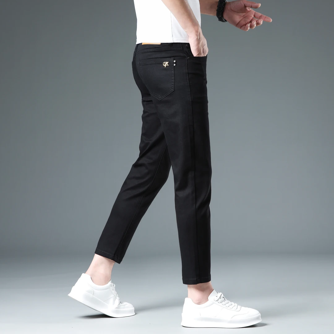 经典黑色牛仔裤男款修身小脚爆款2025新款夏季薄款高端休闲九分裤