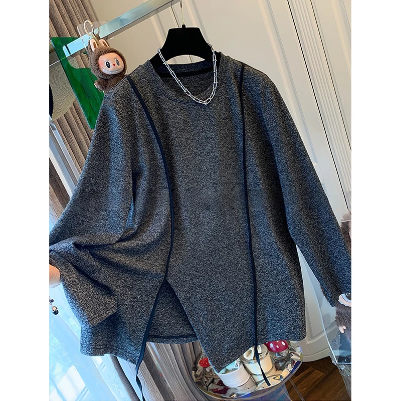 胖妹妹240斤大码设计感不规则开叉灰色长袖T恤女秋款内搭宽松上衣