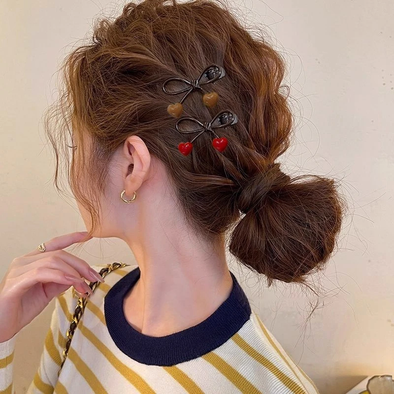 蝴蝶结发夹女咖色爱心边夹侧边前额发卡2025新款刘海夹子高端头饰