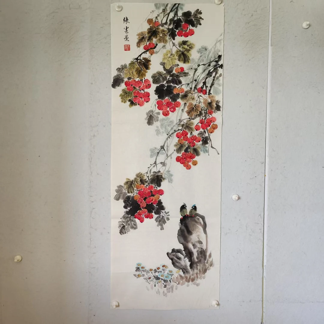 4546 多年前纯手绘老字画《山楂树下》中堂  尺寸 137×50