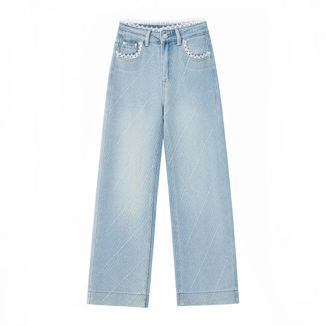 满天星蕾丝拼接直筒牛仔裤女八分九分显瘦2025夏新款高腰牛仔裤