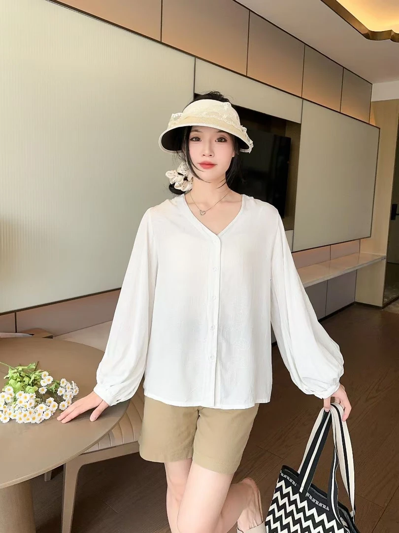 缎面绵绸提花凉感不粘身防晒衣纯白色长袖系扣开衫V领显瘦气质女T