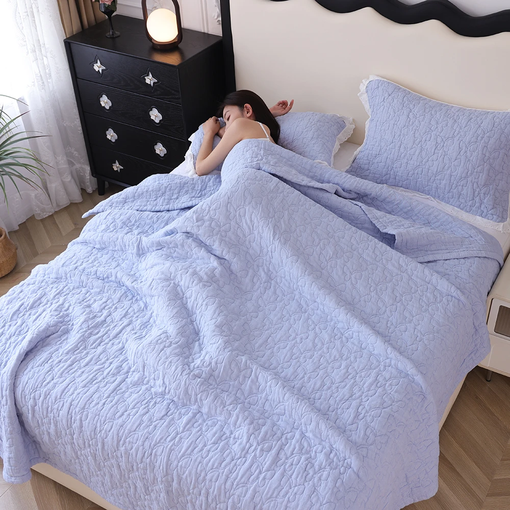 韩系柔羽毯纯棉纱布素色盖毯全棉沙发午睡毯子吸汗透气柔软空调被