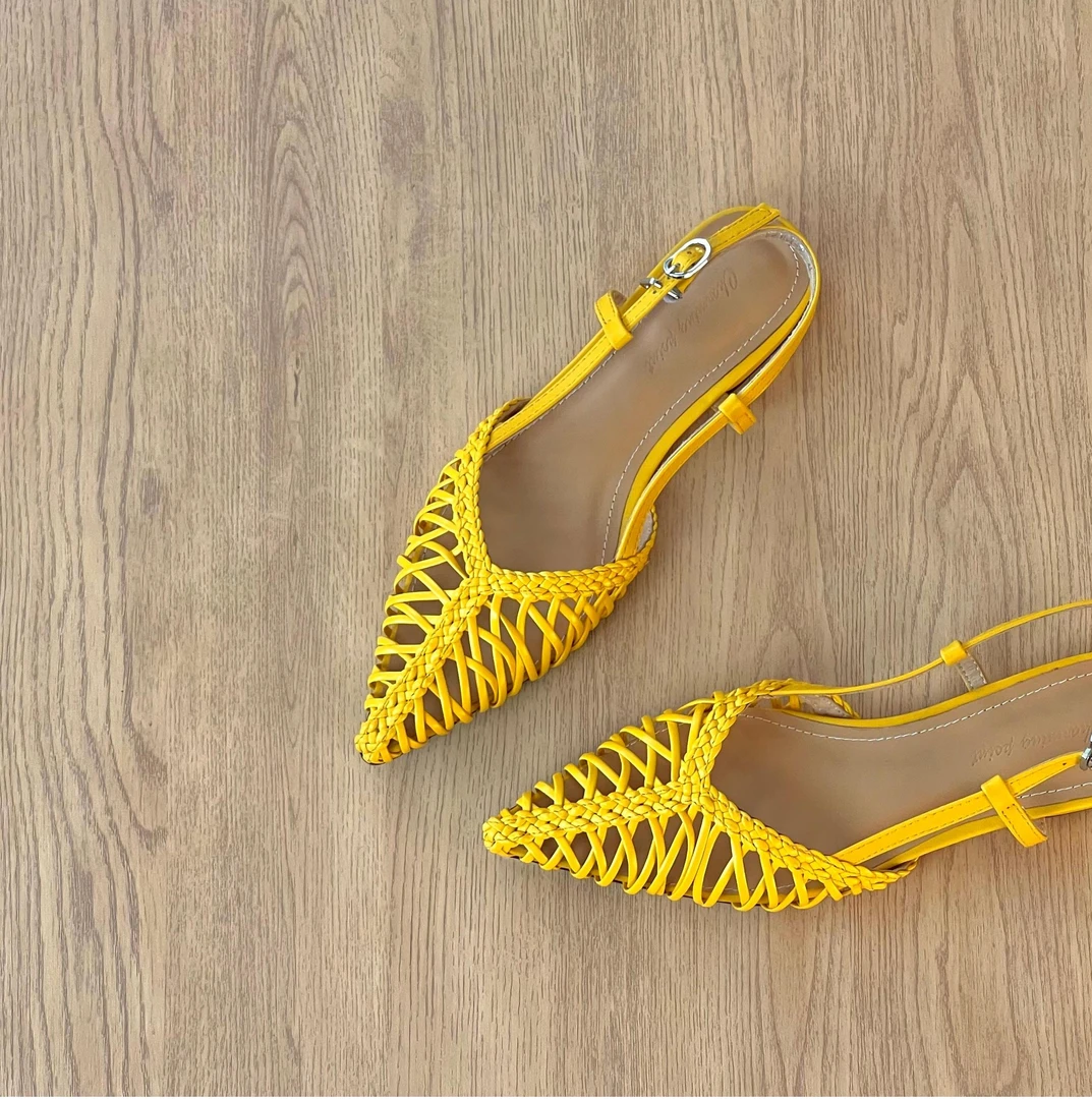 HUSSLOVE 超细纤维·跟高1.5CM·春夏手工编织镂空尖头凉鞋单鞋