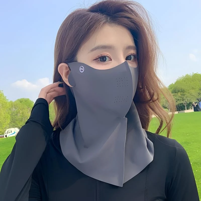 全脸防晒口罩护脖护颈冰丝防护防尘透气面罩灰色无痕男女防紫外线