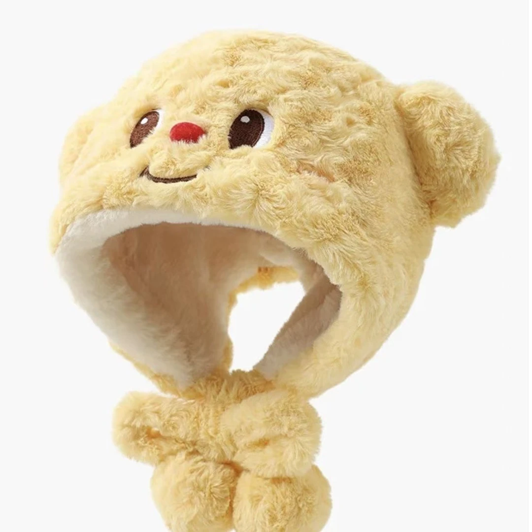 冬季黄油小熊毛绒帽子女秋骑车可爱卡通针织帽保暖护耳防寒雷锋帽