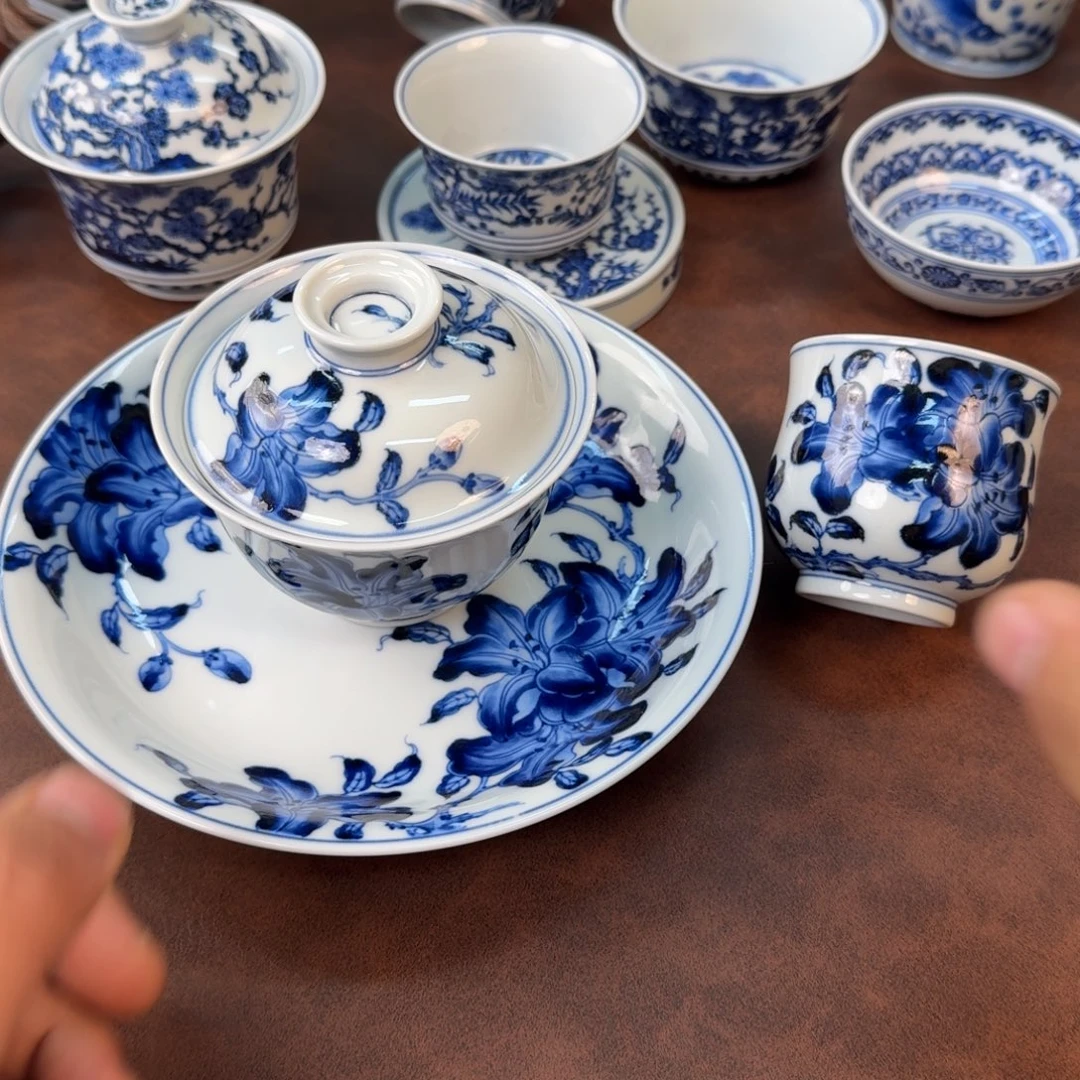 陶摆件杜鹃三件套手绘湖承微瑕