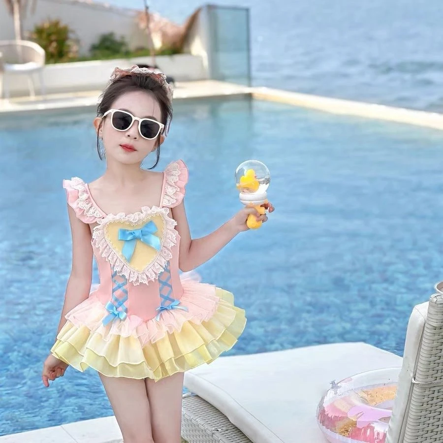 公主女童温泉服装泳衣粉色甜美泳服新款女孩速干蕾丝连体泳装裙子