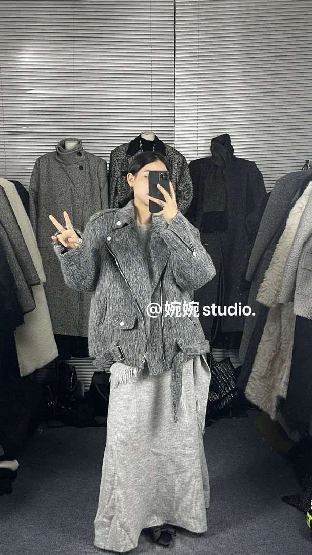 【婉婉studio】毛呢加厚灰色机车夹棉翻领机车棉服廓形外套女秋冬