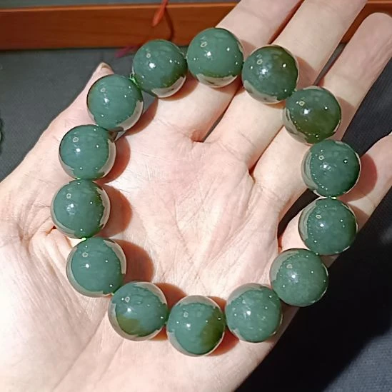 和田玉（青玉）未镶嵌手链和田玉且末蓝带糖玉石手串卡16圆珠