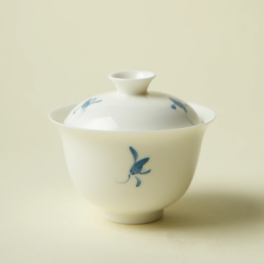 喜嘉茶器玉泥白瓷秋水兰花妙易二才盖碗