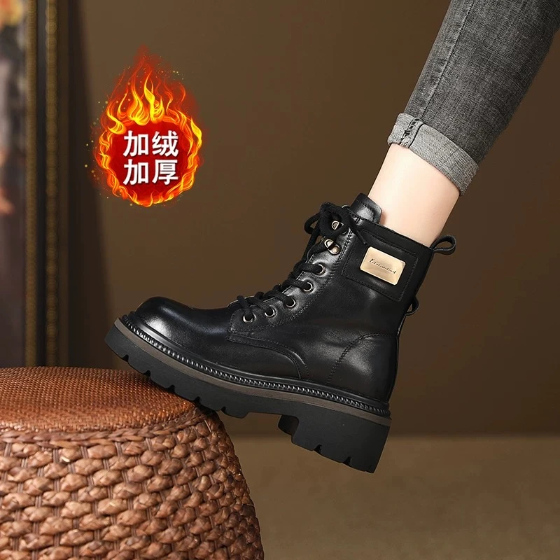 【贵妃】2024牛皮马丁靴时尚冬款加绒百搭圆头887-1